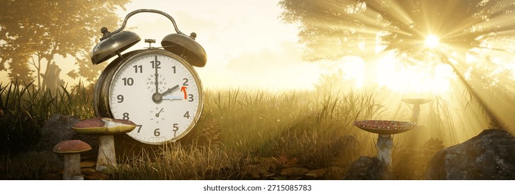Fall Back Time. Return to wintertime. Daylight Saving Time concept. Alarm clock in Autumn landscape with sunset or sunrise in the background. 3D rendering.