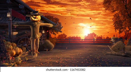 Fall In Backyard With Leaves Falling From Trees And Halloween Pumpkin Scarecrow, Autumn Background 3D Rendering, 3D Illustration