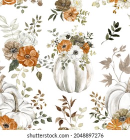 Fall botanical seamless pattern and white pumpkins  orange   neutral flowers  leaves  Watercolor digital paper  rustic style painting 