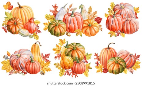 Fall composition. Pumpkin, autumn leaves isolated watercolor illustration for postcard, poster design. Vegetable pumpkin
