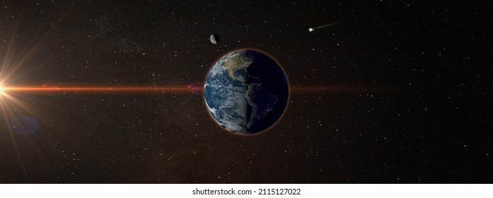 Fall Equinox , Autumn Equinox , September Equinox , Panoramic View Of Earth And Moon In Space , Spring Equinox 3d Rendering Illustration