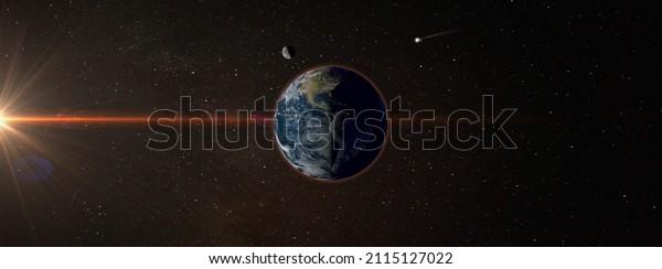 fall equinox , autumn equinox , september\
equinox , panoramic view of earth and moon in space , spring\
equinox 3d rendering\
illustration