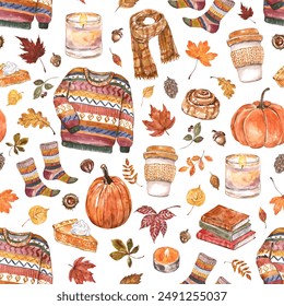 Fall favorites seamless pattern with white background. Watercolor hand-painted autumn-themed elements - cozy sweater, pumpkin spice coffee latte, candles, leaves, books. - Powered by Shutterstock