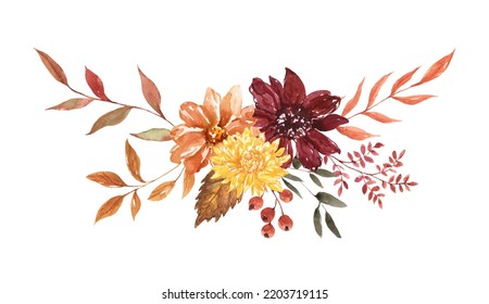 Fall Floral Bouquet. Watercolor Hand-painted Autumn Flowers And Tree Leaves Arrangement, Isolated On White Background. Botanical Illustration.