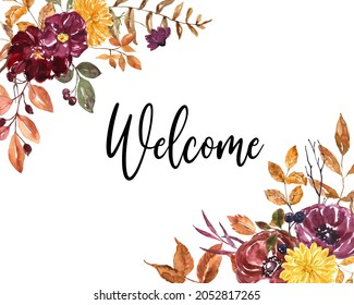 Fall floral rectangle corner border with watercolor flowers, orange and brown leaves with space for text on white background. Autumn themed frame, invitation template. Hand painted illustration.