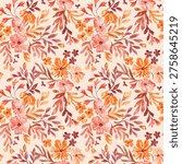 Fall floral seamless pattern hand painted with watercolor. Abstract leaves and flowers background. Elegant fall garden bouquets print for textile, fabric, wearing, wallpaper. Retro styled desing