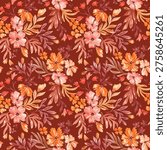 Fall floral seamless pattern hand painted with watercolor. Abstract leaves and flowers background. Elegant fall garden bouquets print for textile, fabric, wearing, wallpaper. Retro styled desing