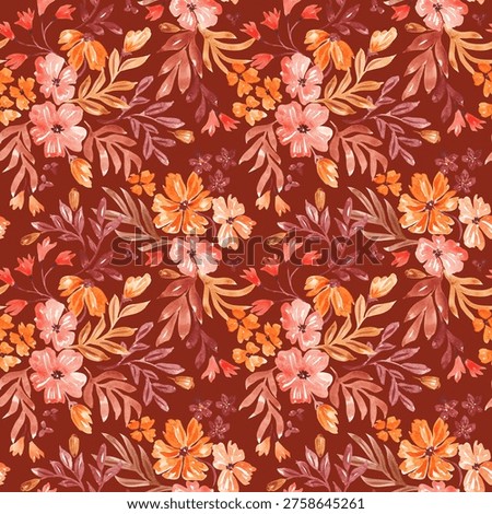 Fall floral seamless pattern hand painted with watercolor. Abstract leaves and flowers background. Elegant fall garden bouquets print for textile, fabric, wearing, wallpaper. Retro styled desing