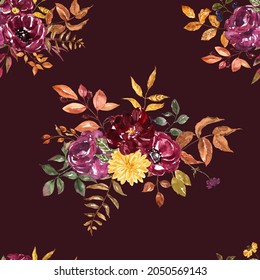 Fall floral seamless pattern on dark brown background. Jewel toned flowers and orange leaves botanical print. Watercolor painting. Autumn themed designer paper.