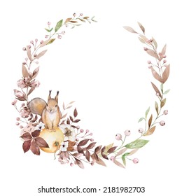 Fall Floral Wreath. Cute Autumn Hand-painted Composition. Woodland Animal, Squirrel. Watercolor Illustration On White Background. For Posters, Prints, Cards, Invites