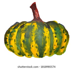 Fall Gourd Watercolor Illustration, Yellow And Green Striped Halloween Or Thanksgiving Design, Healthy Farm Produce Vegetable