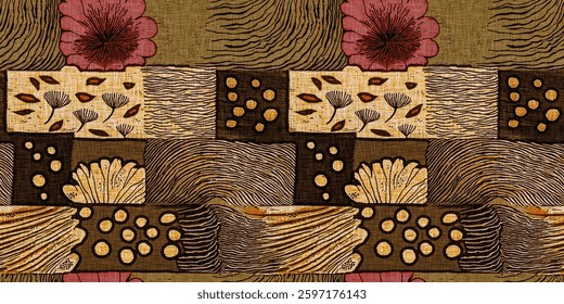 Fall green brown patchwork cozy seamless border pattern. Patchwork style fabric effect with floral blanket check home decor ribbon background. Earth tones edging for modern country cottage mood.