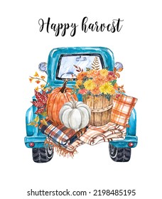 Fall harvest truck and pumpkins  mum flowers in basket  pillows   blankets  Watercolor hand  painted illustration 