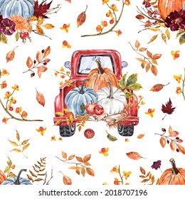 Fall harvest truck seamless pattern  Watercolor red vintage car and pumpkins  apples   autumn leaves  white background  Thanksgiving print 