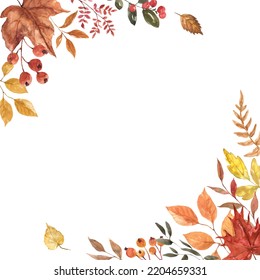 Fall Leaves Frame, Botanical Corner Border With Orange Foliage. Watercolor Painting. Autumn-themed Design.