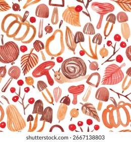 Fall nature seamless pattern. Fun seasonal design hand drawn with watercolor in cute kid style. Autumn plants background for textile, fabric, wallpaper, packaging
