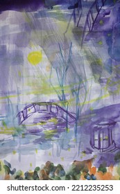 Fall Nighttime Landscape With Bridge, Pond And Gazebo. Mysterious, Fictional Park. Full Moon And Stars Calm Atmosphere. Watercolor Brush Strokes Fluid Texture With Blots And Wet Stains.