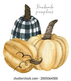 Fall Pumpkin Arrangement Clipart, Fabric Handmade Checkered Pumpkin Illustration For Thanksgiving Decor, Autumn Harvest Clip Art Composition