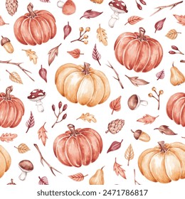 Fall pumpkins seamless pattern hand drawn by watercolor. Thanksgiving background. Halloween traditional symbols and fall objects. Pumpkins, autumn leaves, mushrooms, berries, branch