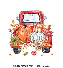 Fall red pickup truck and pumpkins  warm blanket  plaid pillow  apples  colorful leaves  isolated white background  Watercolor autumn harvest illustration 