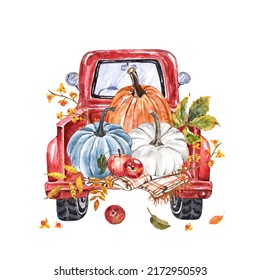 Fall red pickup truck and pumpkins  warm blanket  apples    leaves  isolated white background  Watercolor illustration 