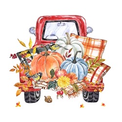 Fall Red Truck With Pumpkins, Warm Blanket, Plaid Pillows,apples, Leaves, Birds, Isolated On White Background. Watercolor Autumn Harvest Illustration. Thanksgiving Decor.