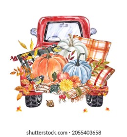 Fall red truck and pumpkins  warm blanket  plaid pillows apples  leaves  birds  isolated white background  Watercolor autumn harvest illustration  Thanksgiving decor 