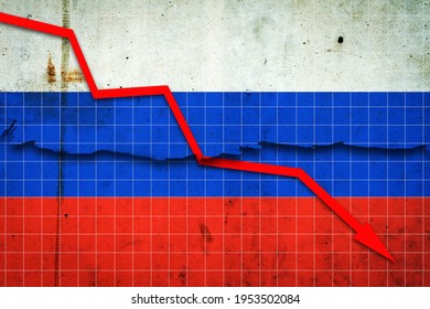 Fall Of The Russia Economy. Recession Graph With A Red Arrow On The Russia Flag. Economic Decline. Decline In The Economy Of Stock Trading. Downward Trends In The Economy. Business.