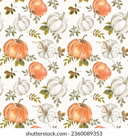 Fall seamless pattern with white and orange pumpkins. Watercolor botanical print. Autumn gourds on creme beige background. - Powered by Shutterstock