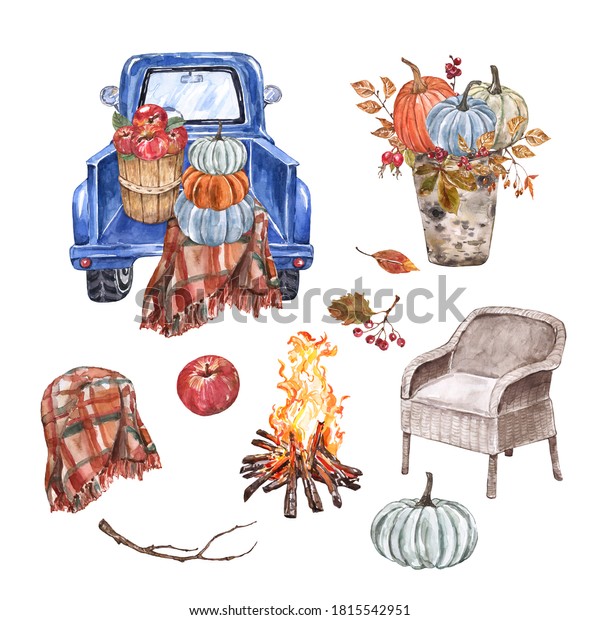Fall season themed
illustration. Watercolor truck with pumpkins, harvest basket, cozy
blanket, campfire, comfy chair, isolated on white background.
Autumn essentials.