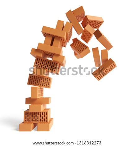 The fall of the tower of bricks isolated on white background with clipping path. Abstract business concept. 3d Illustration 