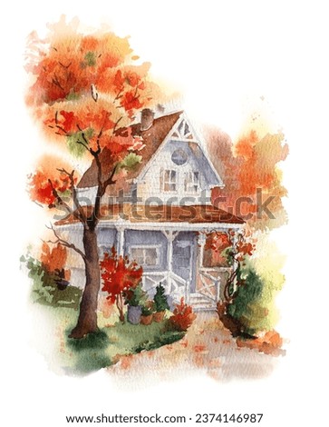 Fall tree and house. Autumn landscape scene. Fall garden watercolor illustration