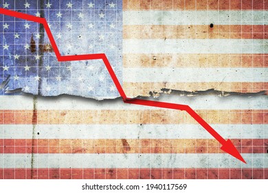 Fall Of The US Economy. The Graph Of The Recession Of The Economy With A Red Arrow, On The Flag Of The USA. Economic Decline. The Decline In The Economy Of Stock Trading. Downward Trends In The Econom