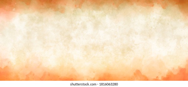 Fall Watercolor Background In Orange And White Painting With Distressed Texture Grunge Border, Soft Fog Or Hazy Warm Fall Or Autumn Colors. Halloween Background