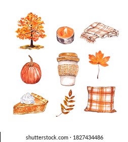 Fall watercolor illustration set  isolated  Pumpkin spice latte coffee cup  pumpkin  pillow  blanket  maple tree  apple pie  candle   leaf  Warm orange color palette  Autumn hand painted graphic 