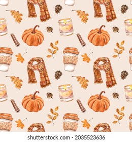 Fall Watercolor Seamless Pattern. Hand Painted Orange Pumpkin, Coffee Latte, Tree Leaves, Foliage, Cinnamon, Warm Scarf, Candle On Beige Background. Autumn Mood Print.