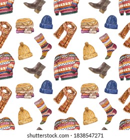 Fall Or Winter Sweater Weather Themed Seamless Pattern. Watercolor Autumn Warm Clothes Illustration On White Background. Hand Painted Hats, Sweaters, Scarf, Socks, Boots.