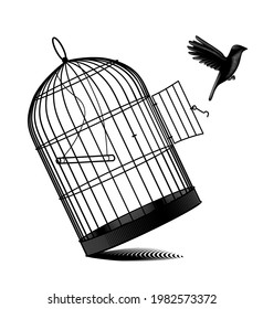 Fallen birdcage and a black bird flying away isolated on white. Vintage engraving black and white stylized drawing