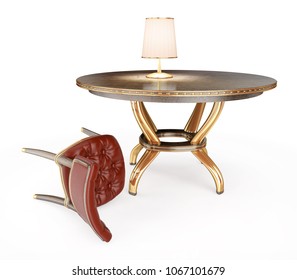 Fallen chair next to a round table and a lamp. 3d illustration