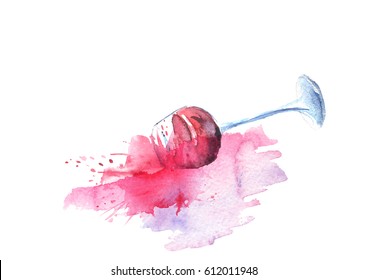     A Fallen Glass With Red Wine, A Spilled Drink, A Spray. The Illustration Is Made In Watercolor. On White Isolated Background. 