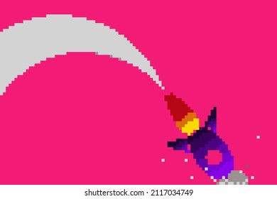 Fallen Rocket Drawing In Pixel Art Style. 16 Bit Old School Graphic Style. Concept Of Falling Market, Startup Crash, Business Failure