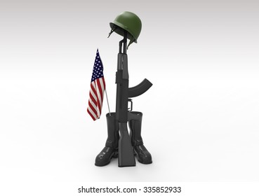 Fallen Soldier Tribute, Helmet, Gun, Boots And Flag, 3d Render