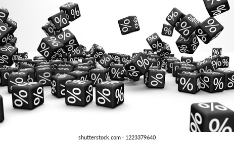 Falling black percnet cubes on the white. 3d illustration.