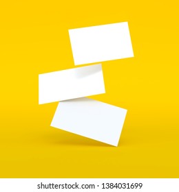 Falling Blank White Business Cards On Yellow Background. 3D Render Illustration. Mockup Design.