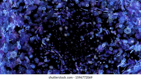Falling blue crystals and structural snowflakes. Volumetric projection of sparkling bright ice. Digital computer image. Generative picture. 3D illustration, 3D rendering.
