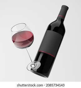 Falling bottle with blank label and glass of red wine isolated over white background. Mockup template. 3d rendering.