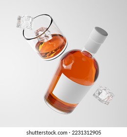 Falling bottle with blank label and glass of rum with ice isolated over white background. Mockup template. 3d rendering. - Powered by Shutterstock