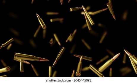 Falling bullets on a black background with depth of field. 3D rendering