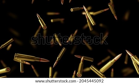 Falling bullets on a black background with depth of field. 3D rendering