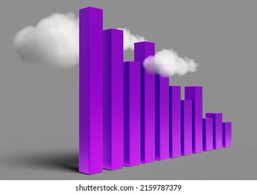 Falling chart. Graph is metaphor for negative trends. Concept of financial and economic losses. Decline in financial performance. Falling graph on gray. Purple diagram with clouds. 3d rendering.